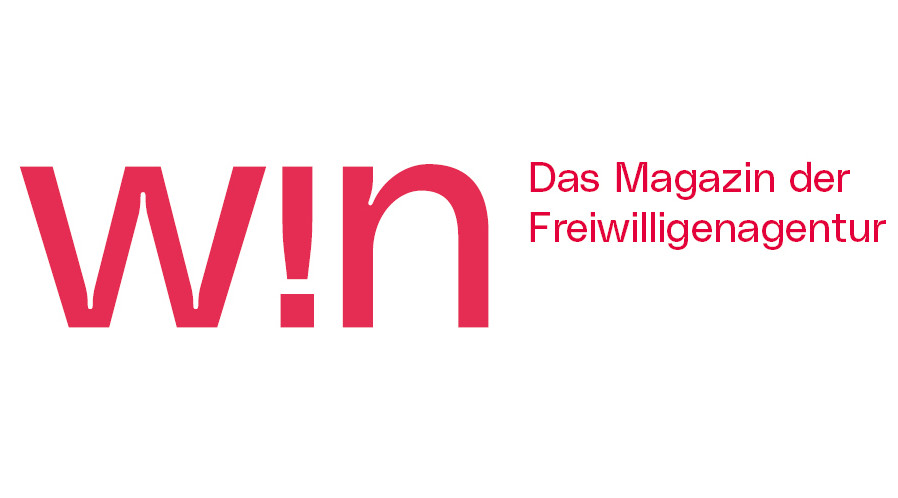 Roter Schriftzug "W!N", daneben ebenfalls in roter, kleinerer Schrift "Das Magazin der Freiwilligenagentur" vor weißem Hintergrund